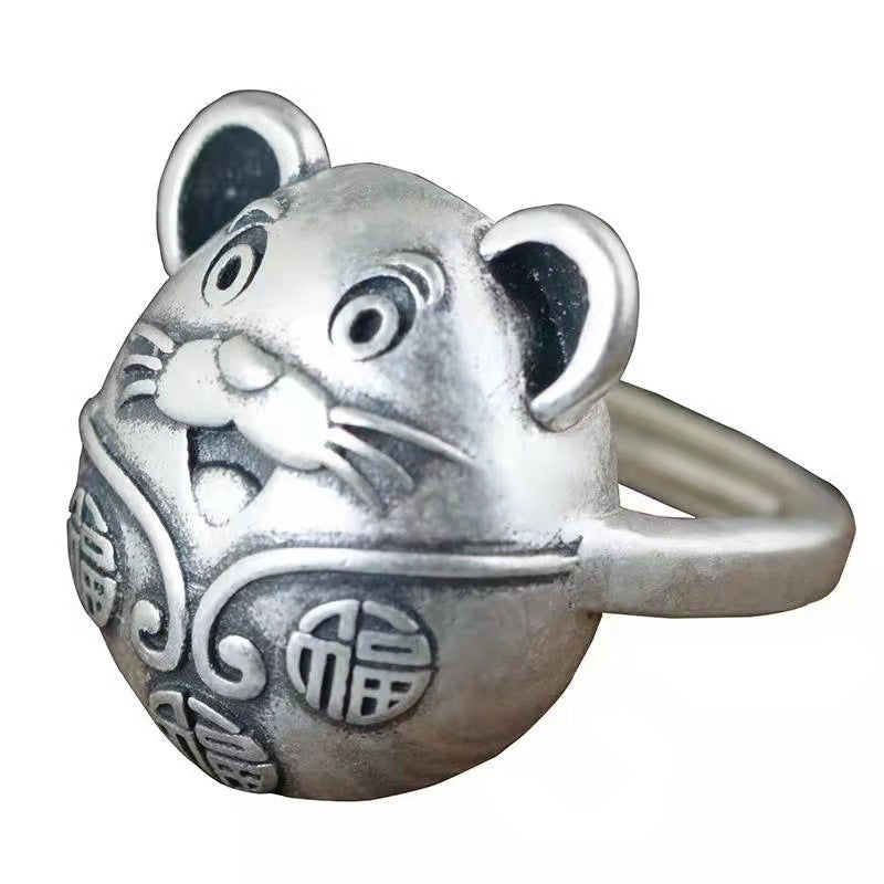 Womens Silver Plated Smiling Face Mouse Ring Retro Distressed Copper Adjustable Fashion Accessory For Women Ideal Gift