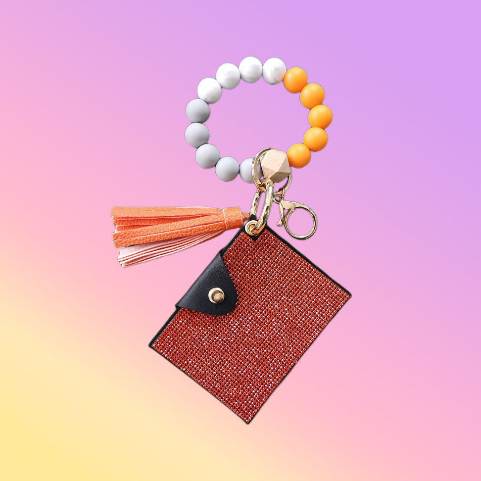 Silicone Beaded Bracelet Keychain With Initial Letter Tassel Rhinestone Key Ring For Key Organization Pastoral