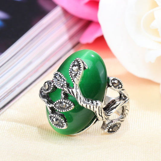 Women Opal Ring Antique Silver Green Flower Design Coating Alloy Jewelry Gift Birthday Celebration Lovely Gift