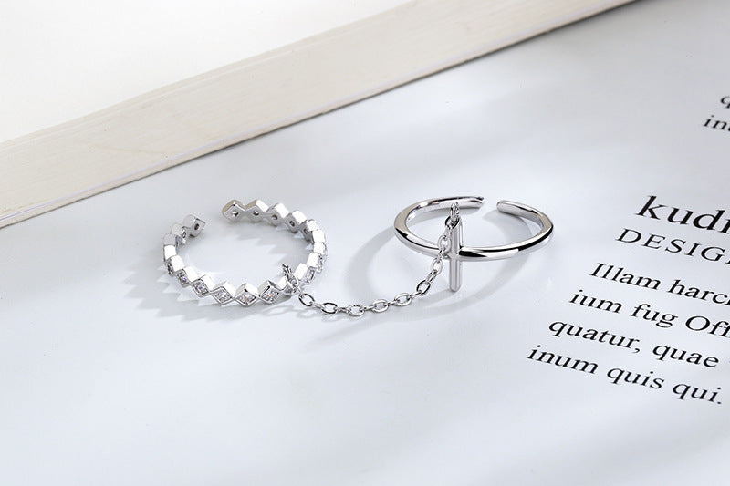 Geometric Double Ring for Women with Diamond Cross Copper Band Adjustable 3mm Diamond 8mm Cross Korean Zircon Inlay