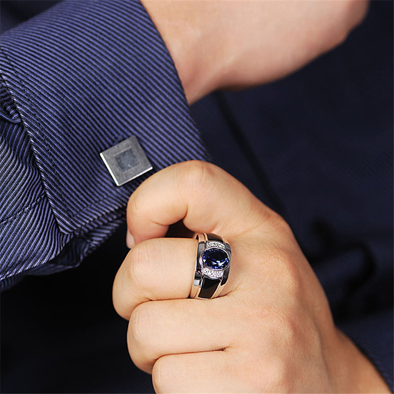 Sapphire Ring Platinum Plated Copper Adjustable Open Band Jewelry For Wedding Gift Classic Elegant Accessory Chic