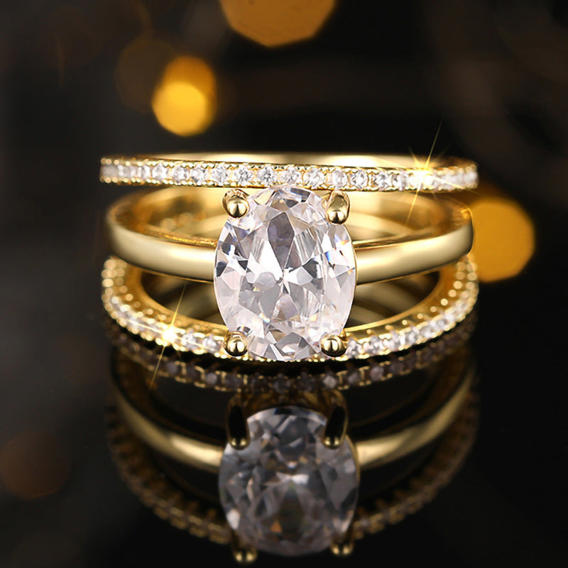 Womens Three Ring Set Zircon Inlaid Copper Four Claw Setting Stackable Design Jewelry For Her Anniversary Wedding Band