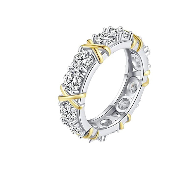 Women Shiny Zircon Cross Ring Electroplated Silver Rose Gold TwoTone Alloy Geometric Ring Fashion Jewelry Gift