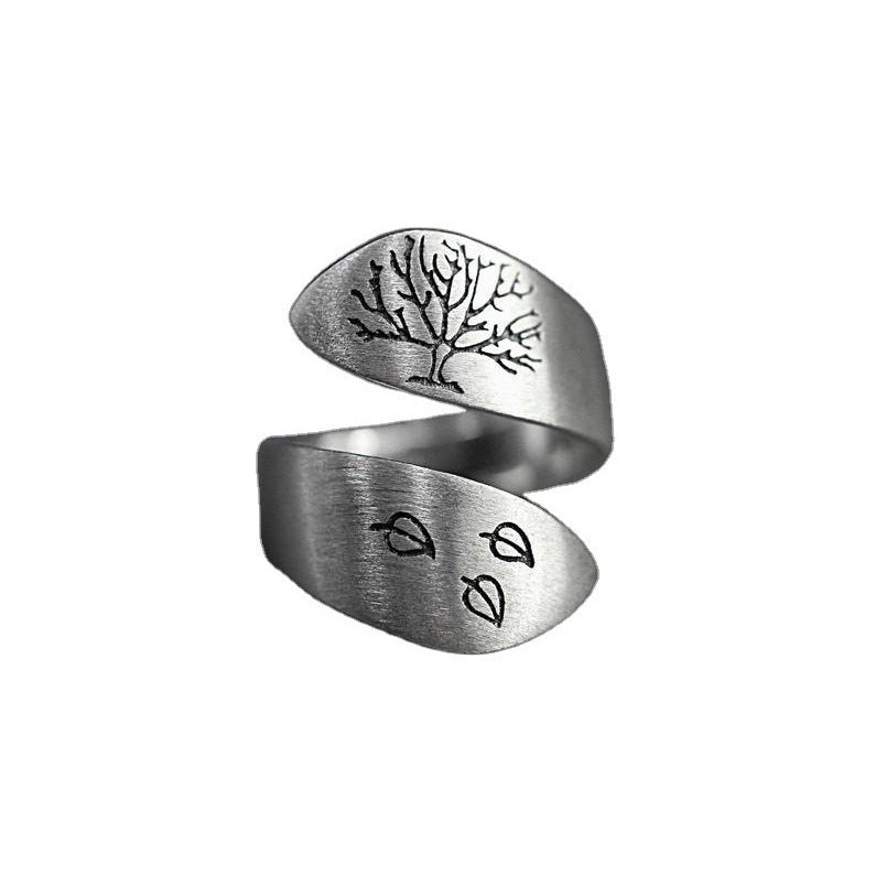 Womens Tree of Life Copper Ring Adjustable Three Leaves Design Retro Brushed Craftsmanship Electroplated Color