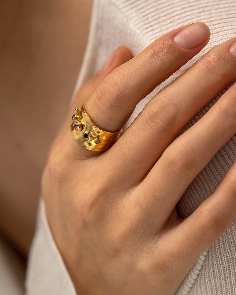 Adjustable Zircon Ring Stainless Steel Gold Tone Wide Band Fashion Jewelry Elegant Gift for Her Stylish Everyday Wear