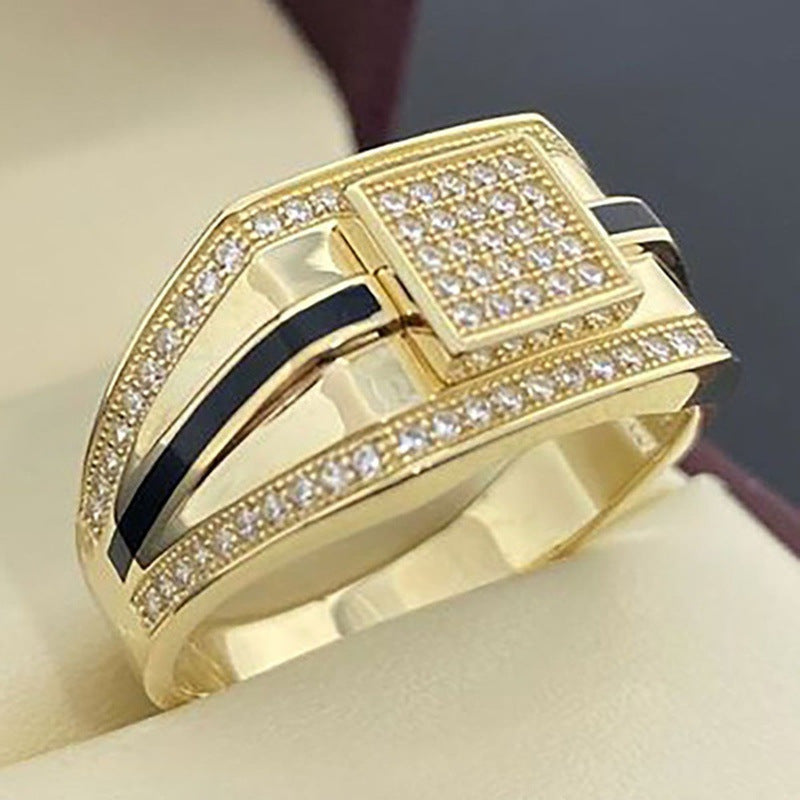 Mens Zircons Inlaid Rings With Gold Black Stripes Alloy Band Oil Drop Design European American Fashion Jewelry