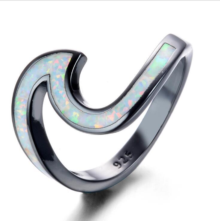 Womens Heart Ring Gold Plated Black Opal And White Ocean Wave Design Heart Shaped Jewelry For Women Size 5 To 10