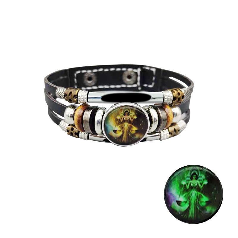 Unisex Retro Leather Bracelet Constellation Luminous Zodiac Sign Alloy Inlay Vintage Jewelry Gift Perfect Gift