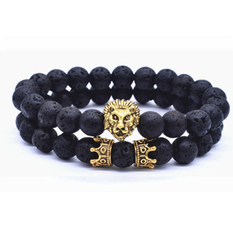 Lion Head Bracelet Crown Charm Alloy Bracelet For Men And Women Natural Stone Accents Adjustable Length 19cm Cord