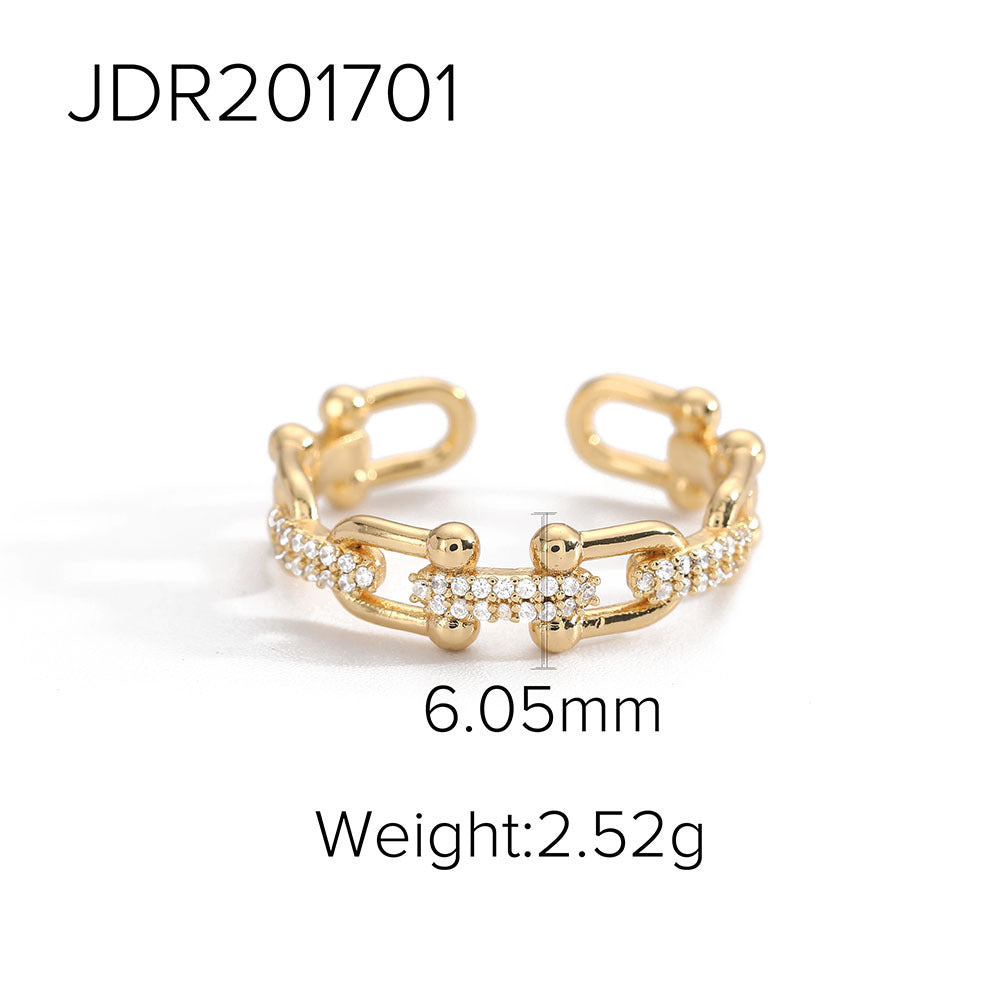 Geometric Copper Ring With Zircon Inlaid Open Design 18K Gold Plated Fashion Jewelry For Everyday Wear Elegant