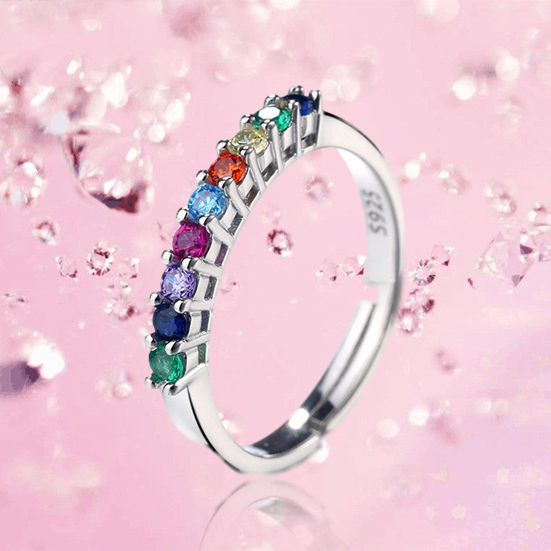 Sterling Silver Ring Inlaid With Colorful Zircon Stones For Women Fashion Jewelry Geometric Ring Travel Design
