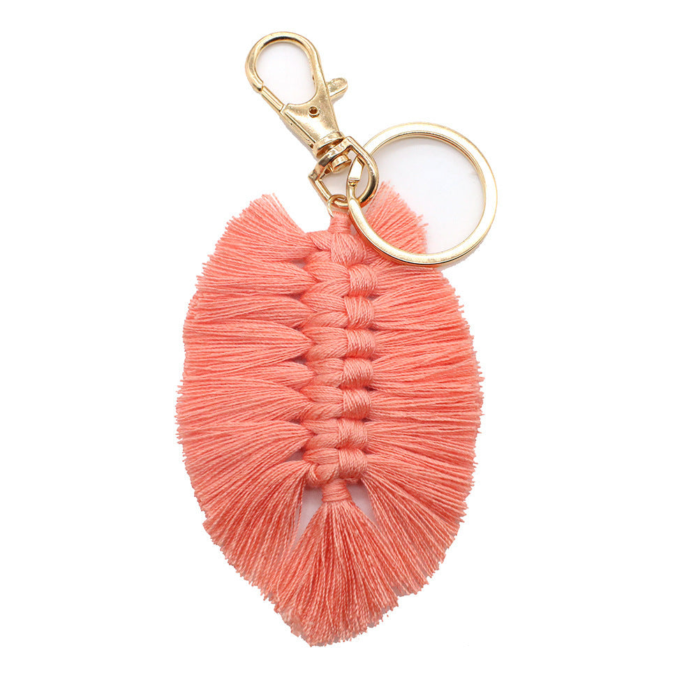 Handwoven Key Chain With Tassel And Leaf Pendant Cotton Rope Key Chain Accessory Unisex Bag Charm Beige Modern