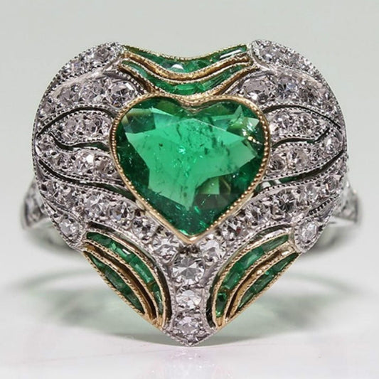 Heart Shaped Green Zircon Ring Gold Plated Alloy Jewelry For Women European Design Elegant Ring For Daily Wear