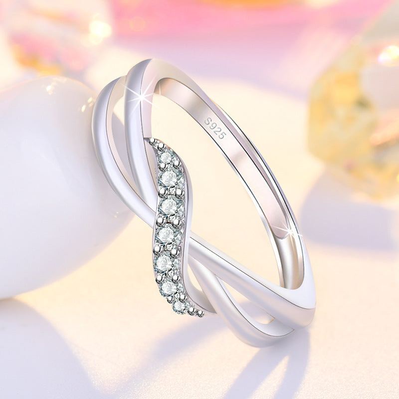 Rose Gold Plated Copper Ring With Full Diamond Wave Design Twist Arm Curve Band For Women Dainty Elegant Jewelry Gift