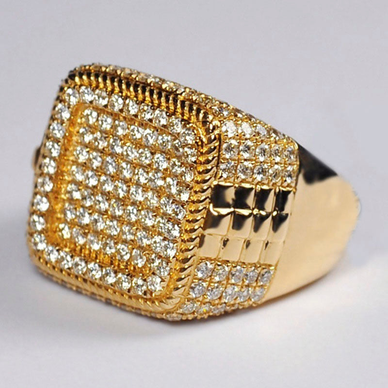 Mens Gold Plated Ring With Simulated Diamond Accents Geometric Design European American Inspired Fashion Jewelry