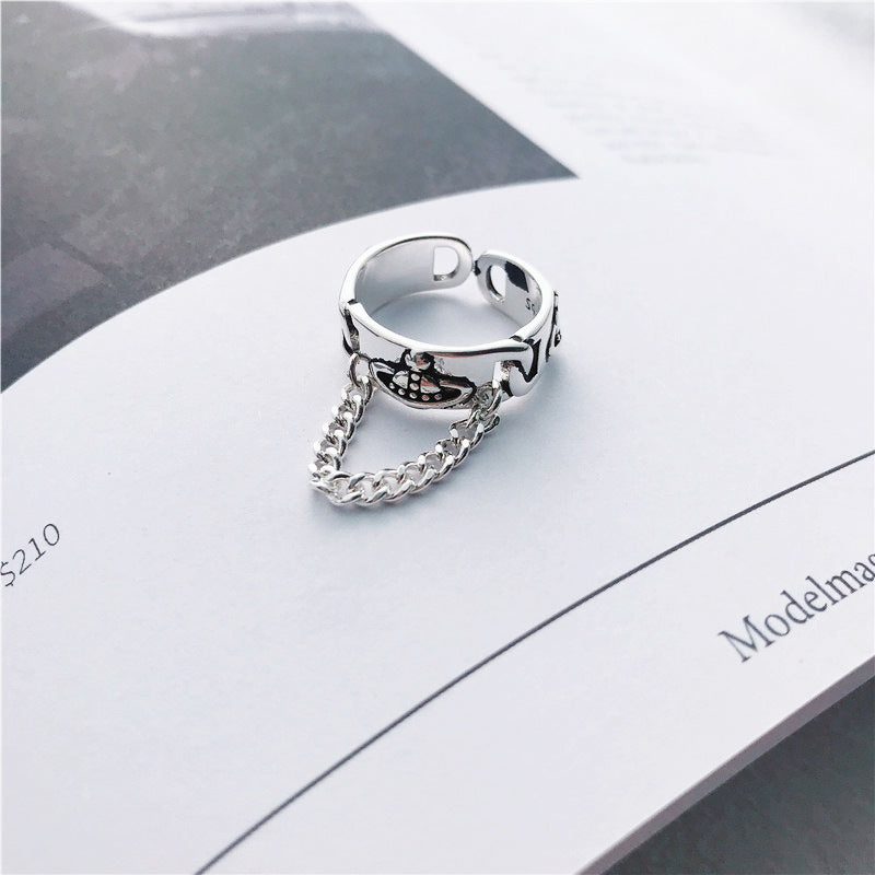 Womens Adjustable Geometric Silver Ring Saturn Design