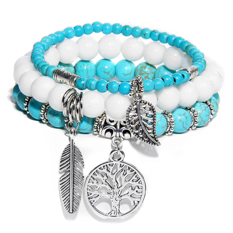 Unisex Agate Beads Bracelet Set With Tree Of Life Pendant