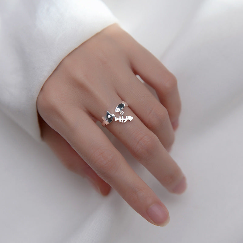 Sterling Silver Ring For Women Loveable Kitten Fish Bone Design Adjustable Opening Zodiac Jewelry Gift For Her