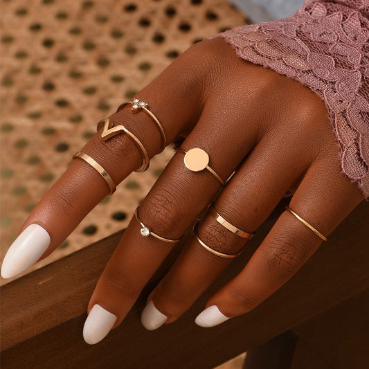 Golden Geometric Alloy Ring Set For Women European American Fashion Jewelry Gift With Gold Tone Finish Elegant
