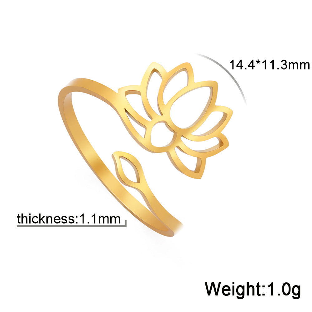 Lotus Flower Ring Adjustable Stainless Steel Vintage Inspired Jewelry For Her Gift Idea Elegant Everyday Style