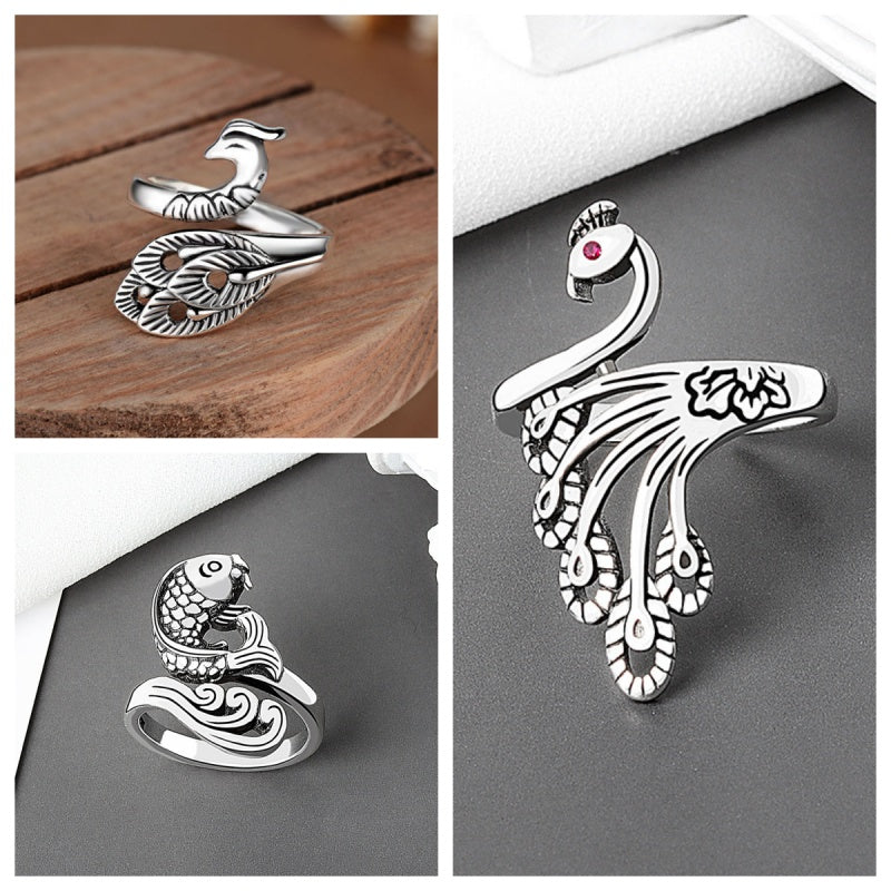 Womens Adjustable Copper Ring Peacock Inlaid Gem Electroplated Retro Design Ring For Women With Colorful Gem Inlays