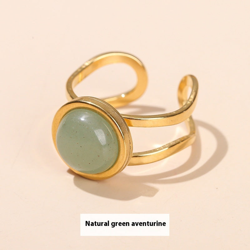 Gold Tone Stone Ring Open Adjustable Titanium Steel Jewelry