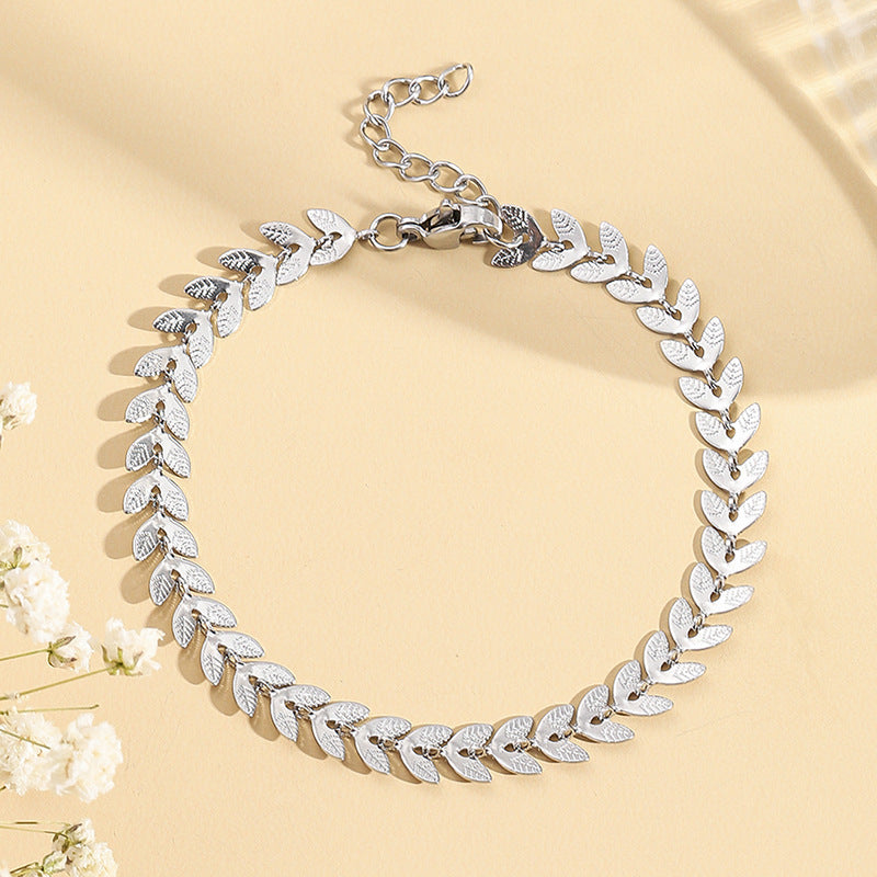 Stainless Steel Leaf And Wheat Bracelet For Women Simple Fashion Jewelry Elegant Design Steel Color Leaves For