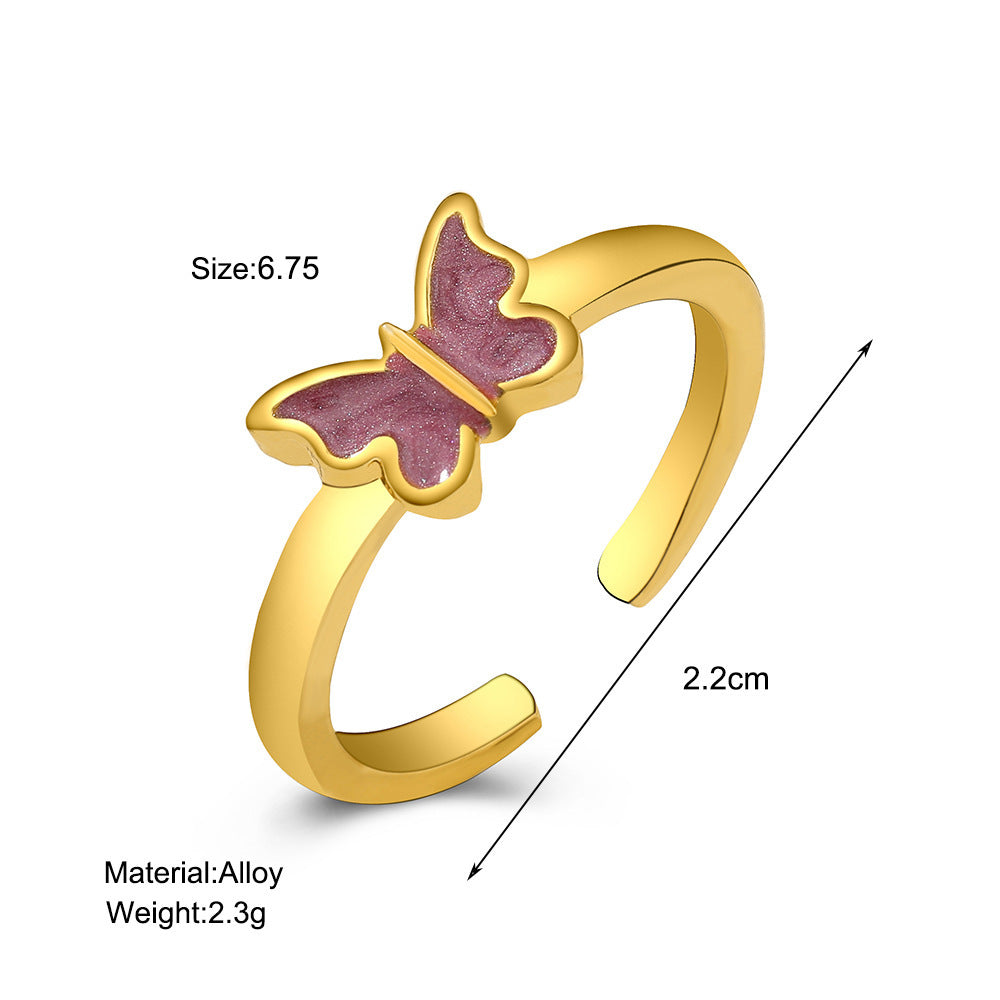 Vintage Butterfly Geometric Alloy Ring With Dripping Oil Design European American Fashion For Women Pink Women
