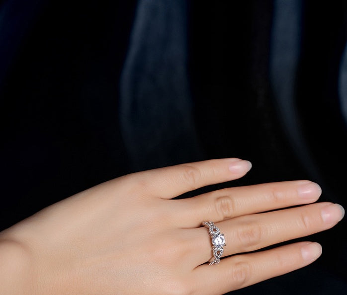 Womens Vintage Zircon Ring Inlaid Geometric White Gold Plated Copper Jewelry Elegant Durable Accessory Everyday Wear