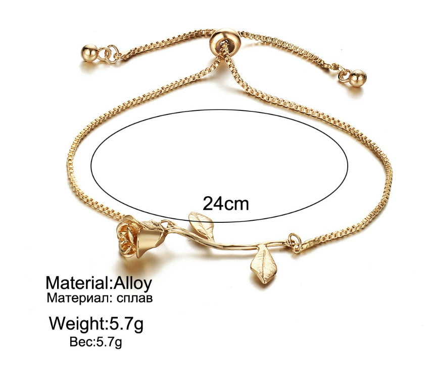 Womens Rose Bracelet Elegant Alloy Metal Electroplated Korean Design Bangle Delicate Rose Flower Adjustable Fashion