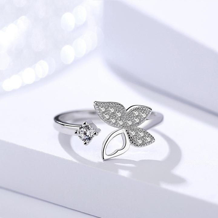 Sterling Silver Butterfly Ring Opening Band 925 Silver Zircon Gemstone Gift for Women and Girls Korean Style Jewelry