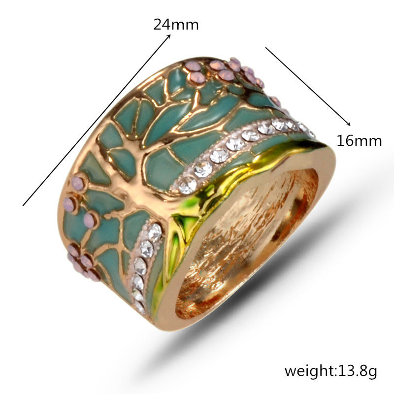 Tree Of Life Gold Plated Ring Floral Alloy Jewelry European And American Style Sizes 6 7 8 9 Length 24 By 16mm