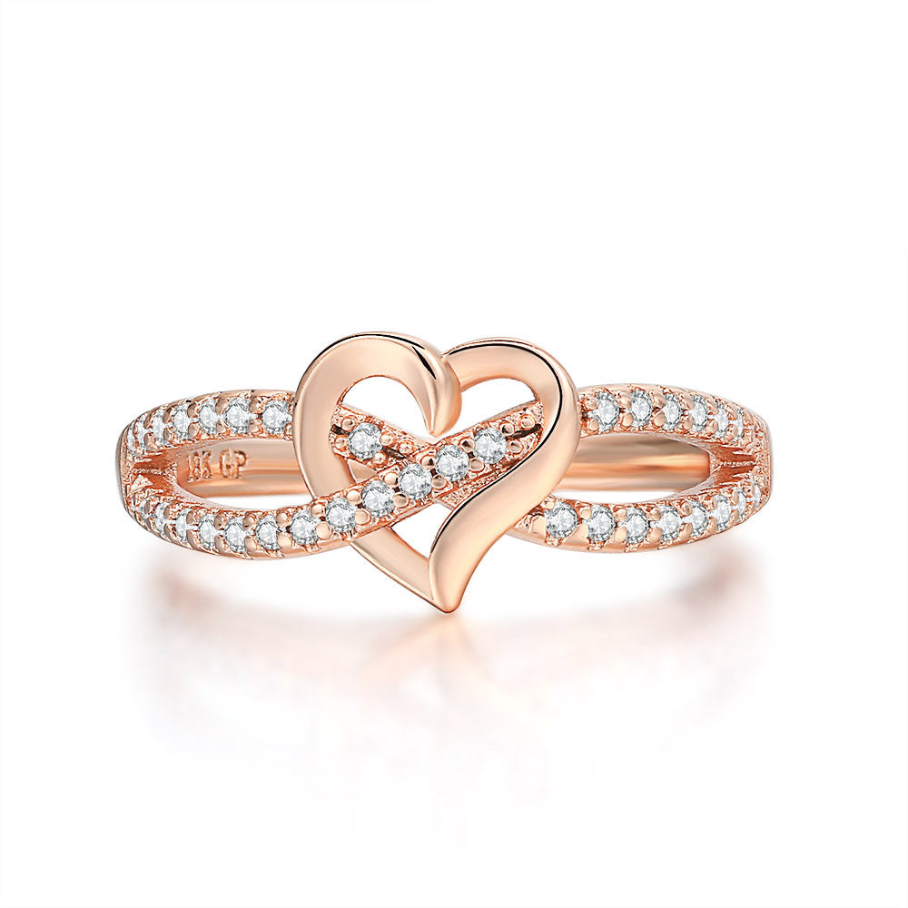 Womens Zircon Inlaid Copper Ring With Heart Bow Design Platinum Plated Jewelry In Gold Silver Tones Elegant Style