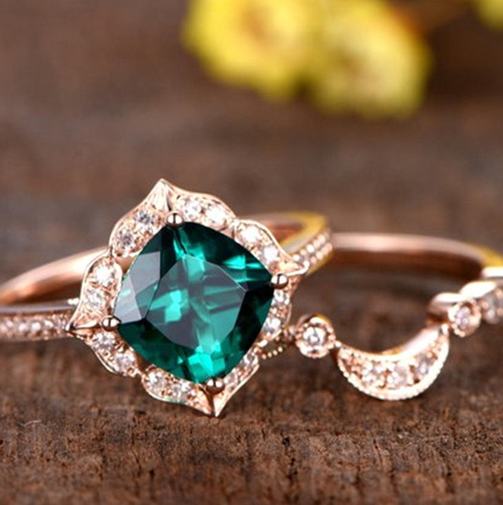 Mother Emerald Green Zircon Ring With Sapphire Rose Gold Plated Geometry Style Unisex Couple Ring Set Size 6 7 8 9 10