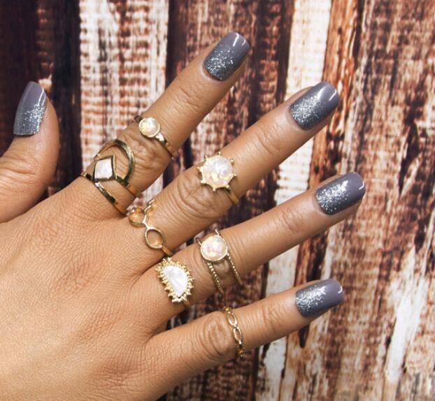 Boho Stackable Ring Set Seven Pcs Alloy Gemstone Rings For Women Bohemian European American Style Jewelry Essentials