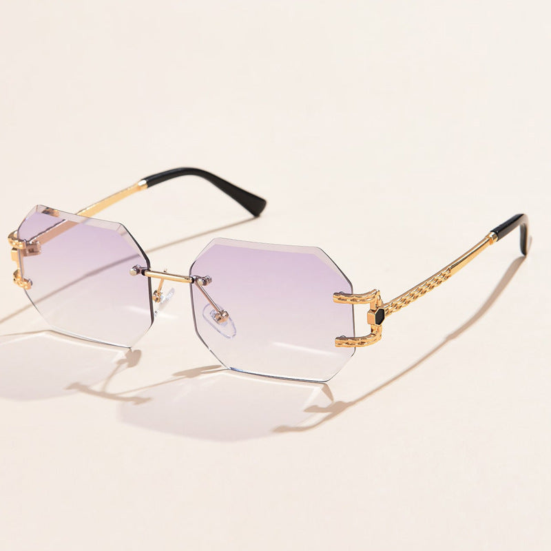 Womens Frameless Polygon Sunglasses Trendy Trimming Metal Frame PC Lens Eye Protection UV Fashion Chic Fashion