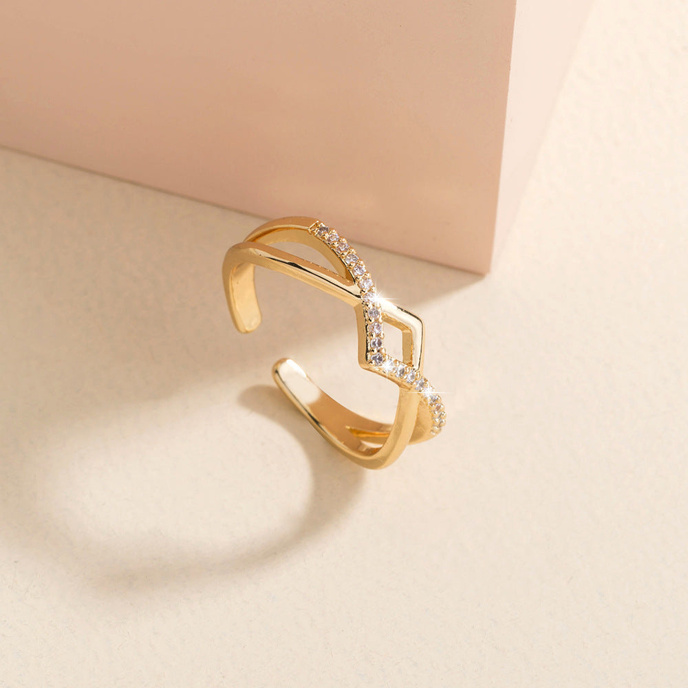 Golden Cross Ring Adjustable With Inlaid Zircon Stones Copper Wave Ring Women Gifting Elegant Jewelry For All