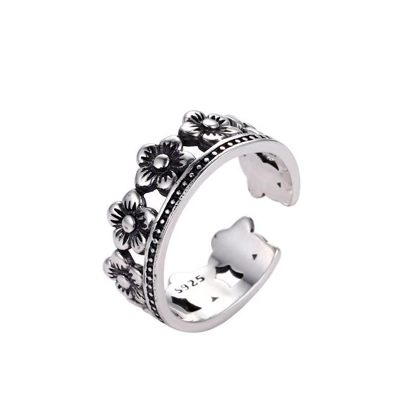 Ancient Silver Daisy Openwork Ring Adjustable Opening Vintage Korean Retro Fashion Ring For Women Elegant Ring