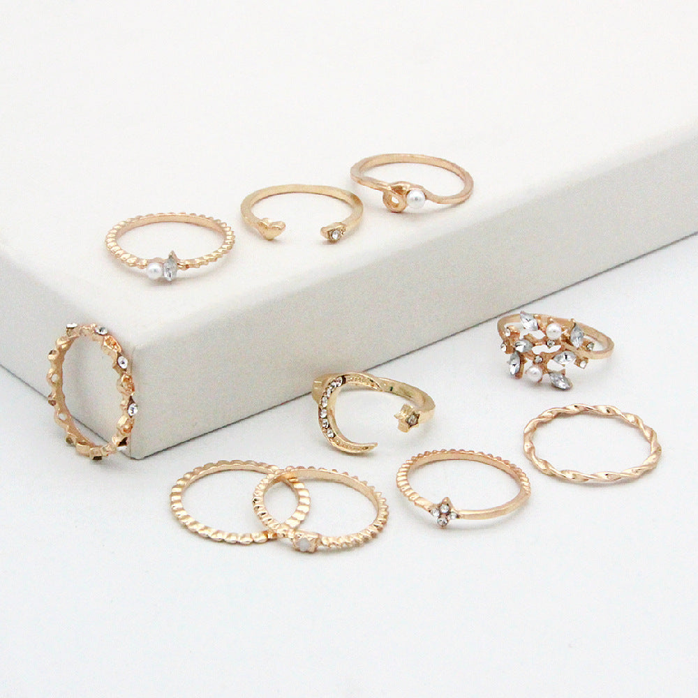 Gold Plated Ring Set Celestial Bohemian Jewelry Moon Star Leaf Knuckle Stackable Rings for Women Everyday Wear