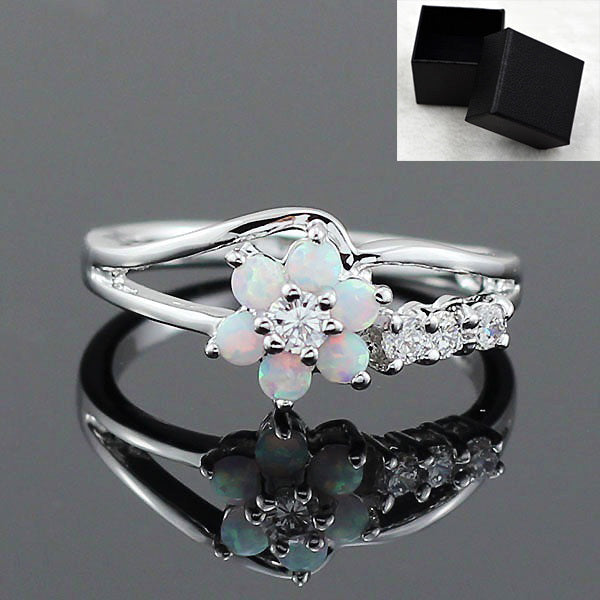Womens Flower Opal Ring Gold Plated Zircon Jewelry Elegant