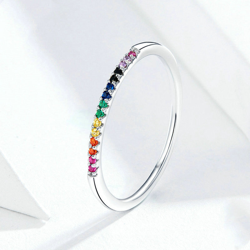 Sterling Silver Ring With Colorful Zircon Stones Elegant Band S925 White Gold Plated Finish Anniversary Promise Ring