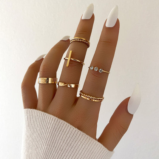 Womens Alloy Ring Set Six Piece Fashion Rings With Geometric Star And Diamond Accent European American Jewelry