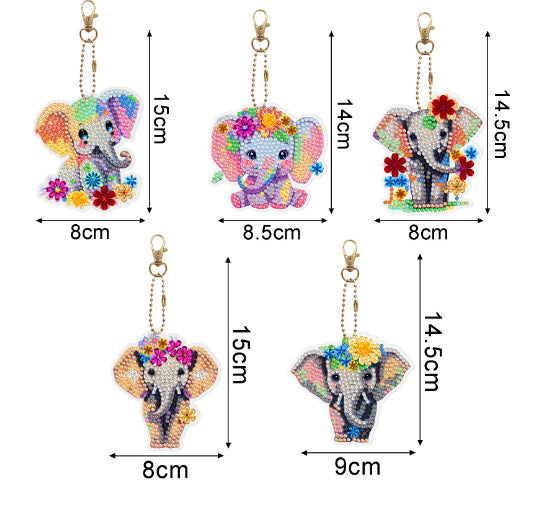 Diamond Painting Keychains Double Sided Cartoons Set Of Five DIY Art Craft Key Rings PP Made Of Sturdy Plastic