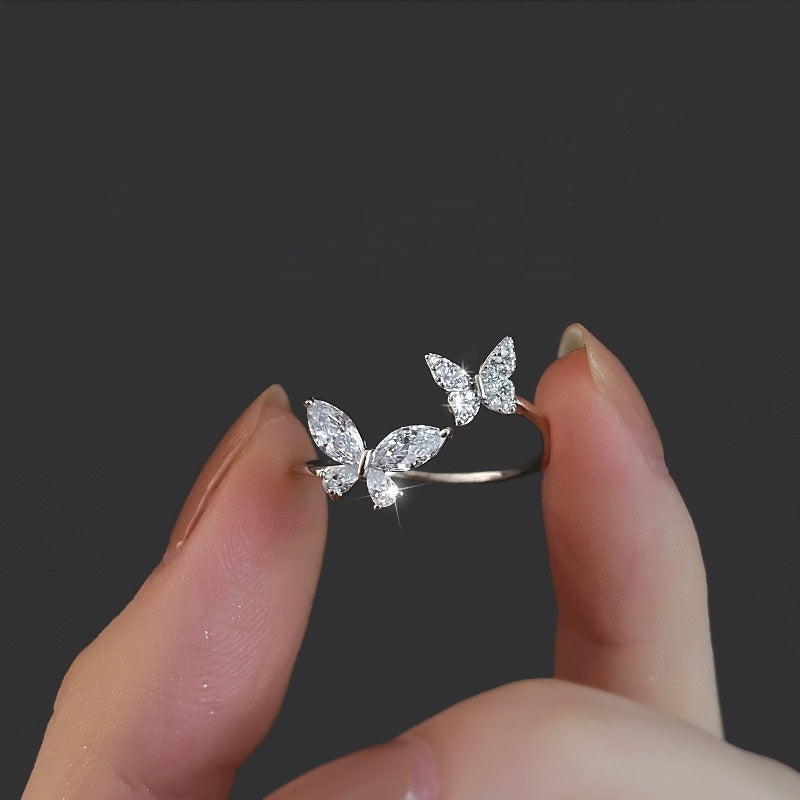 Sterling Silver Butterfly Ring Adjustable Opening Animal Zodiac Inlay Diamond Jewelry For Women For Daily Wear