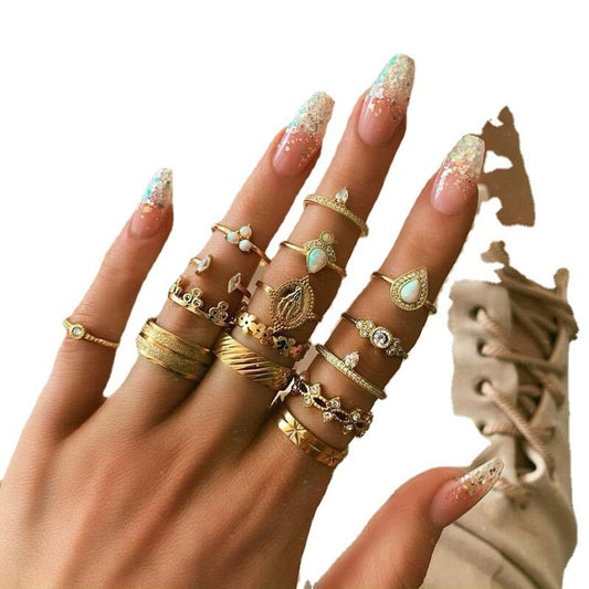 Vintage Alloy Ring Set European Design Geometric Rings Rhinestones Artificial Gems Electroplated Inlaid Gems Set