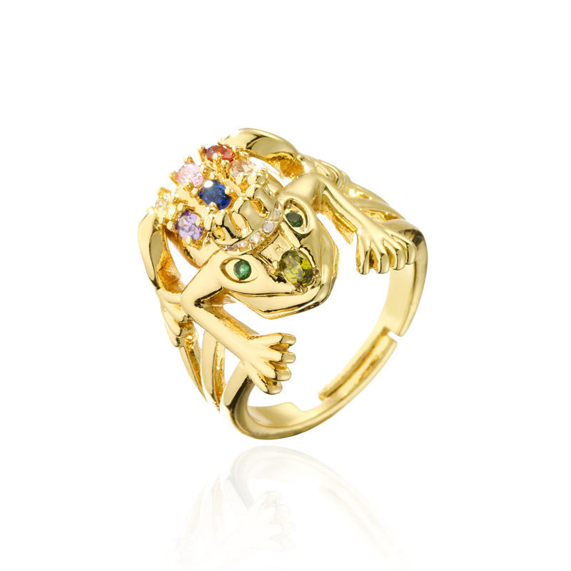 Zircon Micropaved Copper Frog Ring Geometric Adjustable Opening Womens Fashion Jewelry Gift with Copper Finish