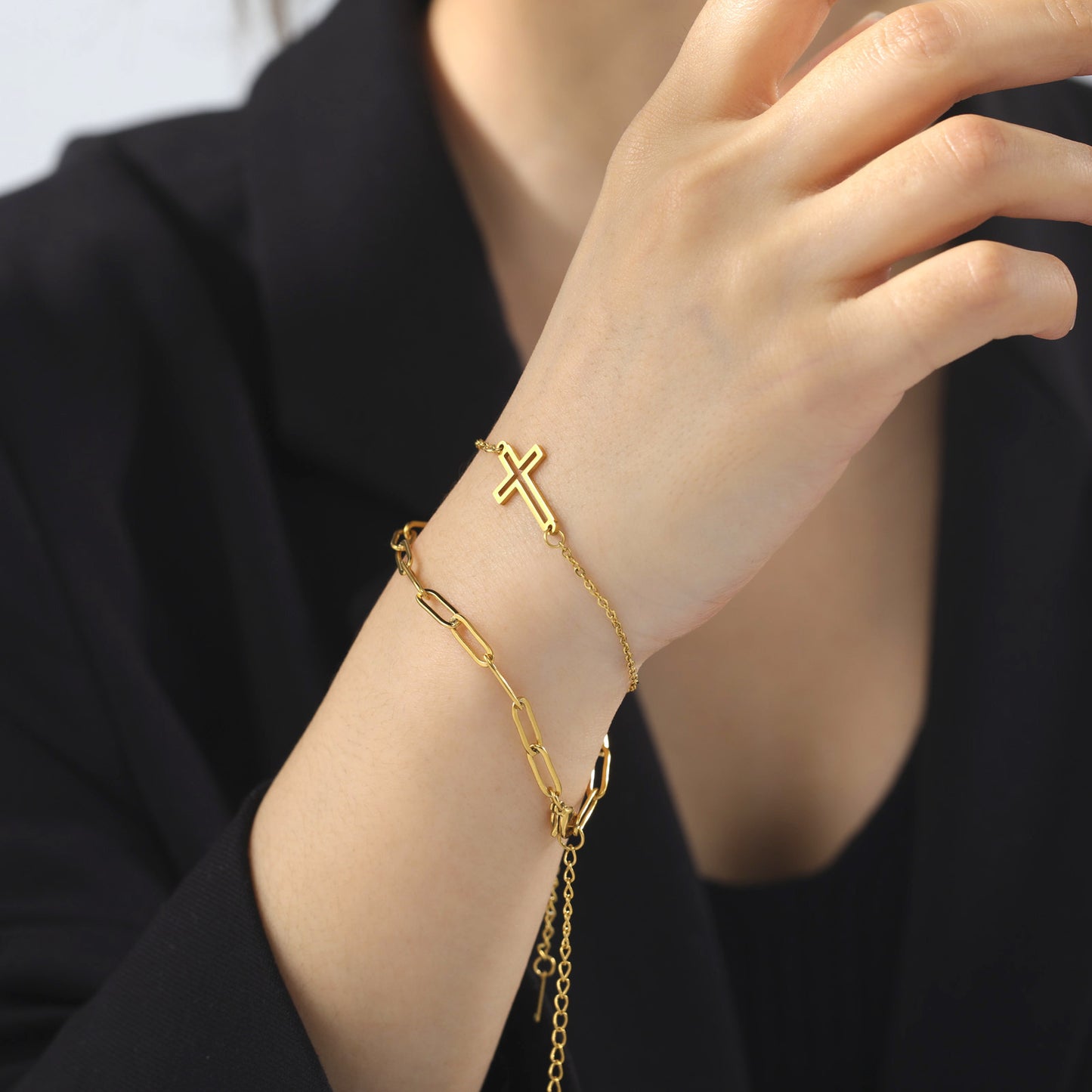 Womens Elegant Stainless Steel Double Layer Bracelet Pattern Design Simple Bangle Jewelry Gift For Her Stylish