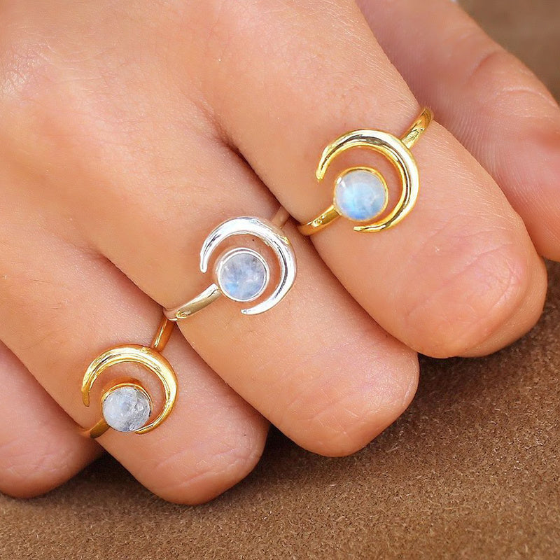 Moonstone Ring 925 Silver Plated Moon Design Jewelry Gift for Women Elegant Dainty Brass and White Steel Basis