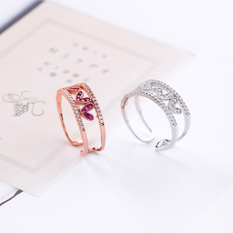 Openwork Heart Ring Alloy With Adjustable Band Inlay Gemstones Rose Gold Or Silver Korean Style Jewelry Design