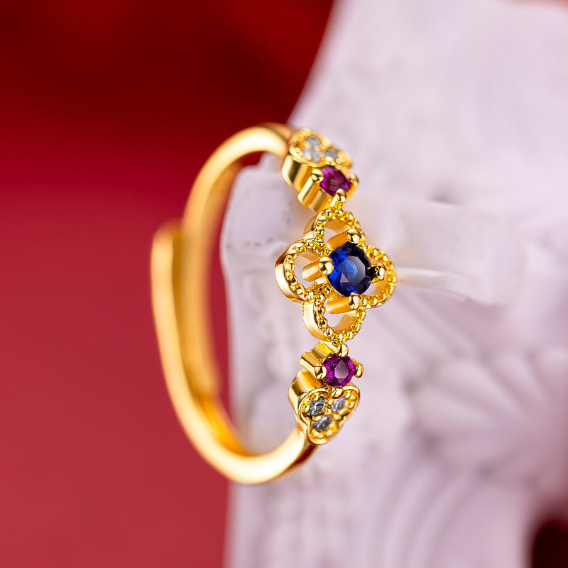 Gold Plated Clover Open Ring Adjustable Copper Electroplated Leaf Design Jewelry For Women Elegant Daily Wear Chic